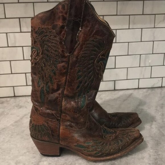 Corral Boots Womens Size 7 Brown Leather Western Fleur de Lis Inlay Snip Toe - Picture 1 of 12